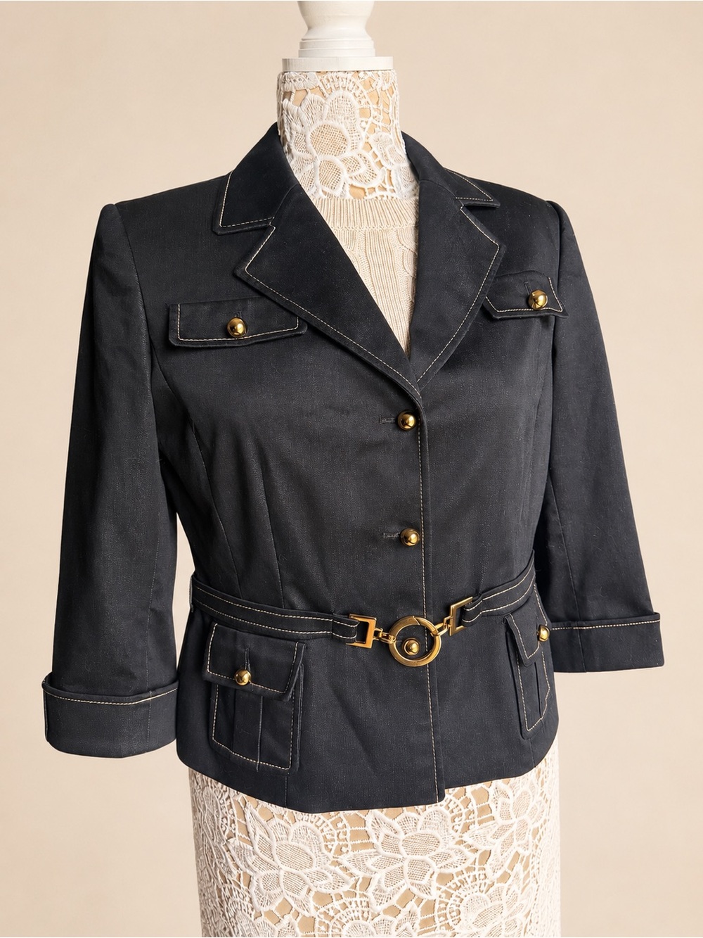 Tahari Arthur S Levine Y2K Belted Charcoal Blazer Gold Hardware Sz 10 - Picture 3 of 17